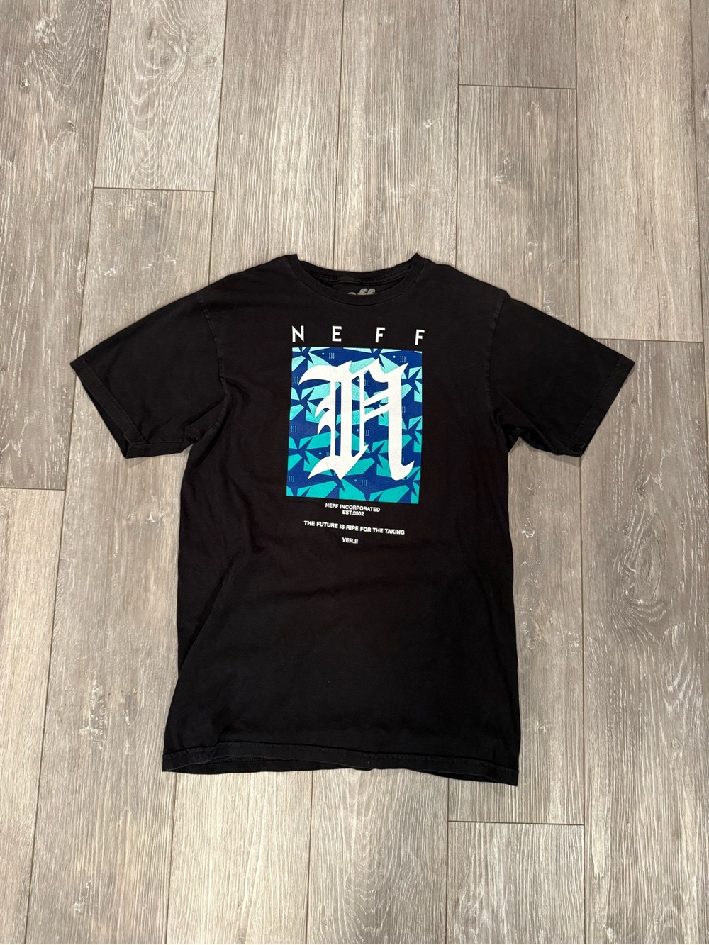 Neff Black Short-Sleeve Tee with Blue Shark Block Graphic